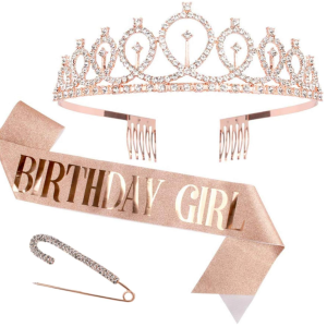 Corona y banda de cumpleaños oro rosa