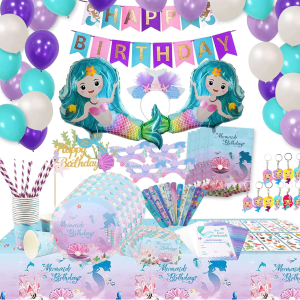 Vajilla de carton, set completo de cumpleaños sirenas y regalos invitados