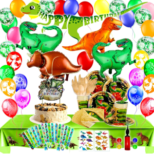Vajilla de carton, set completo de cumpleaños dinosaurios y regalos invitados, Dino II
