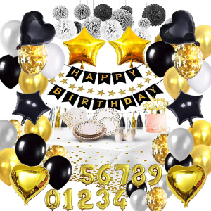 Vajilla de carton, set completo de cumpleaños oro, blanco, negro