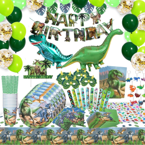 Vajilla de carton, set completo de cumpleaños dinosaurios y regalos invitados, Dino I