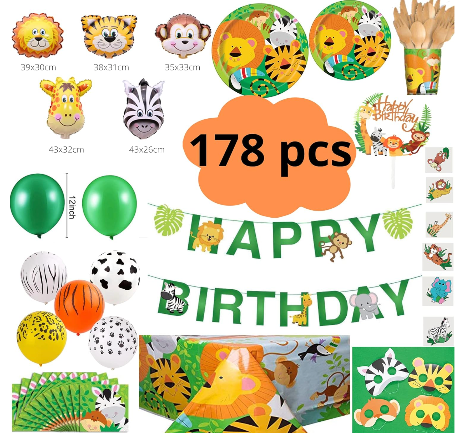 Vajilla de carton, set completo de cumpleaños animales de la selva - Imagen 2