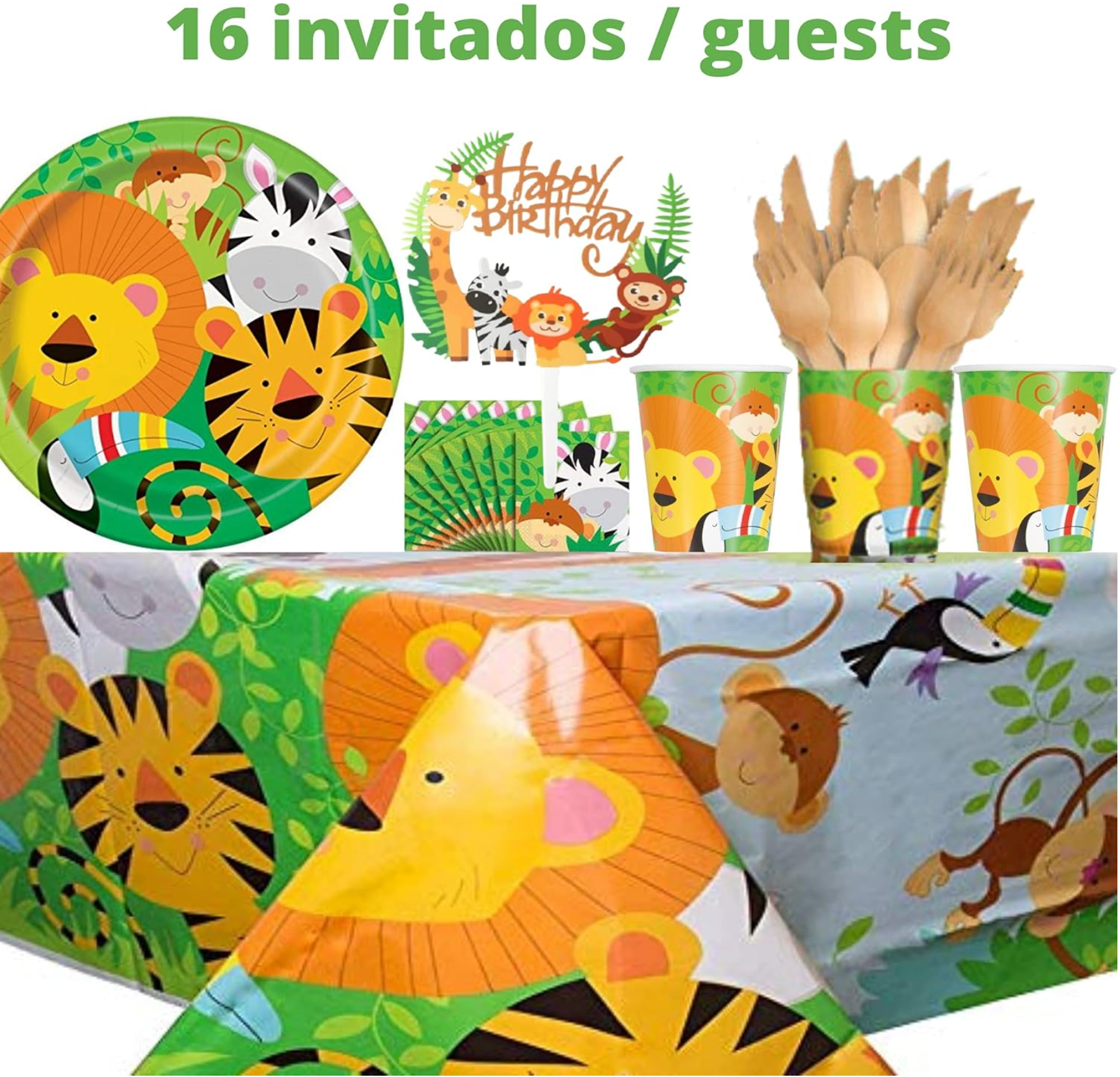 Vajilla de carton, set completo de cumpleaños animales de la selva - Imagen 4