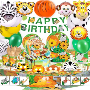 Vajilla de carton, set completo de cumpleaños animales de la selva