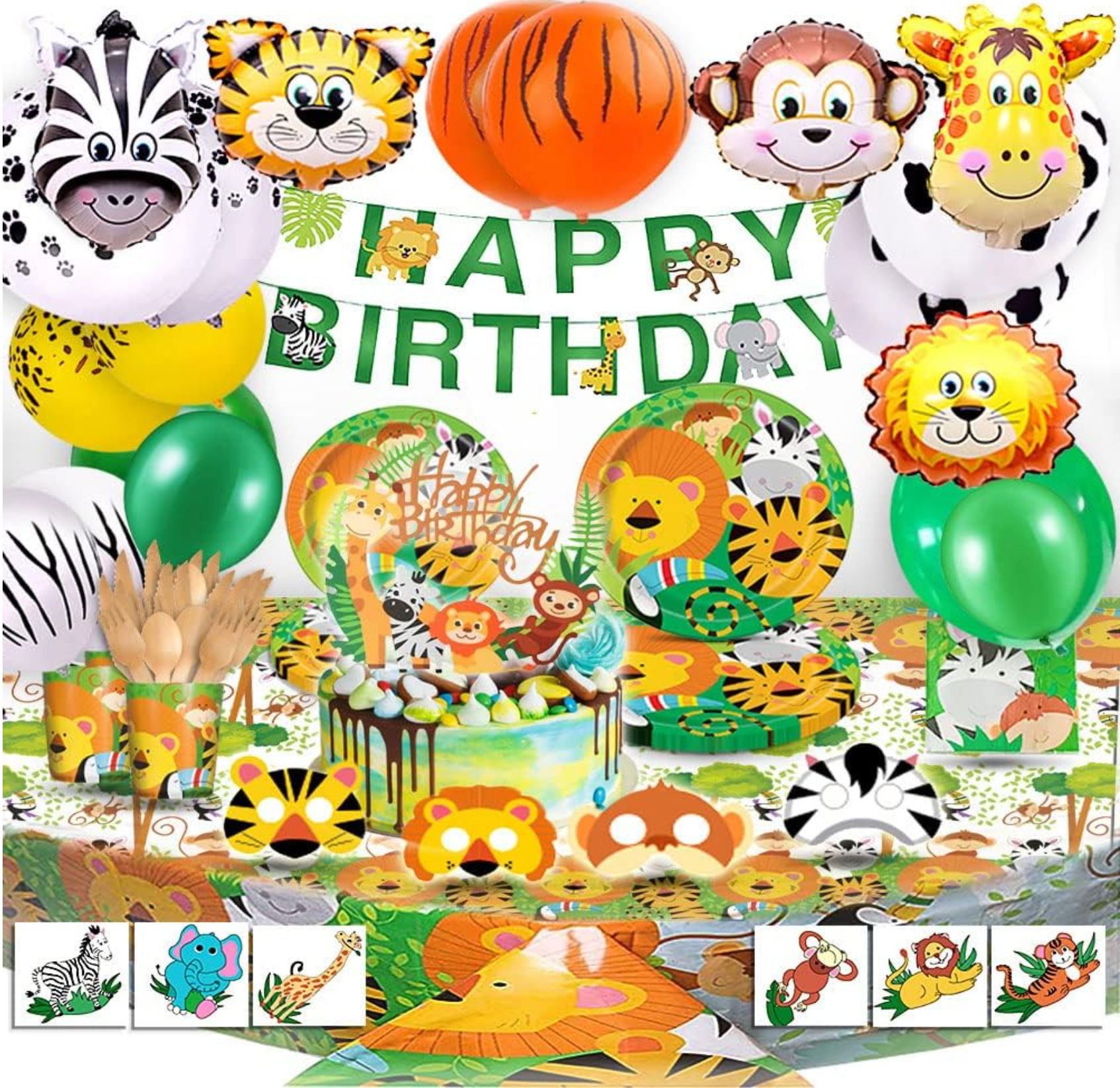 Vajilla de carton, set completo de cumpleaños animales de la selva